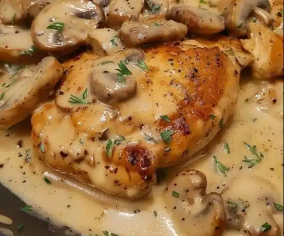 Creamy mushroom chicken served with herbs on a plate.