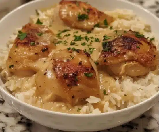 Creamy smothered chicken served over flavorful rice