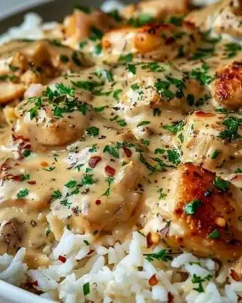 Creamy smothered chicken served over rice for a comforting meal