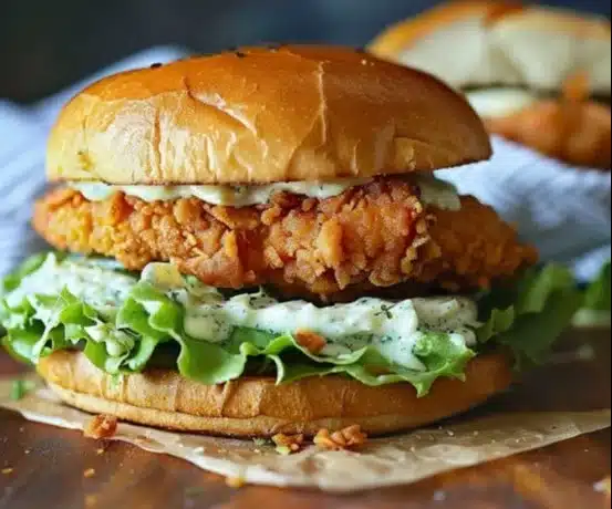Crispy Chicken Caesar Sandwich topped with romaine lettuce and Caesar dressing