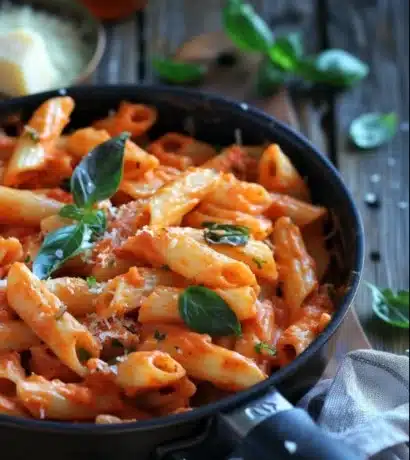 Bowl of easy one pot creamy tomato pasta garnished with fresh basil