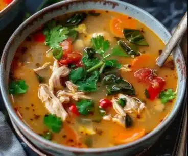 Bowl of easy Thai chicken soup garnished with herbs and lime