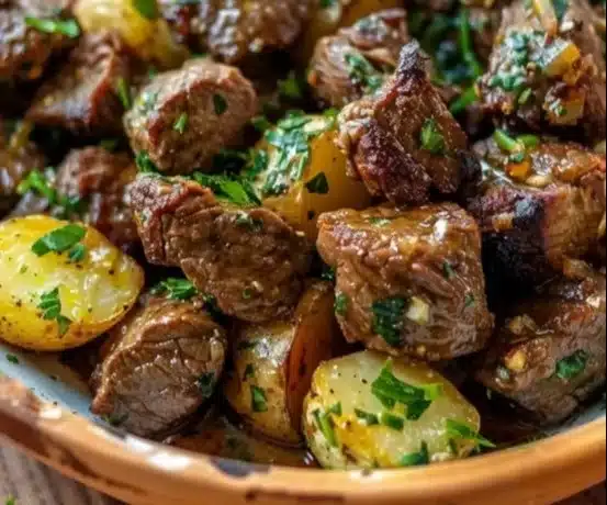 Delicious Garlic Butter Beef Bites served with golden potatoes.