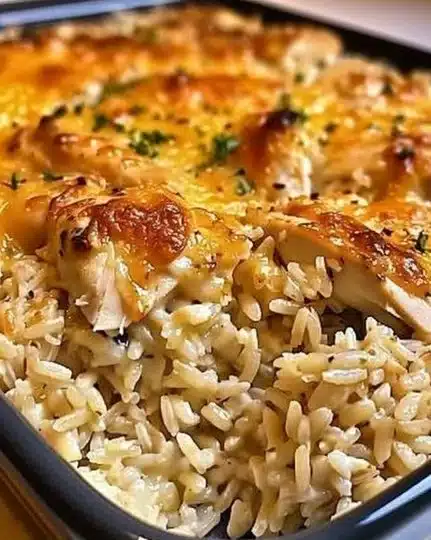 Garlic Butter Chicken and Rice Casserole served in a baking dish