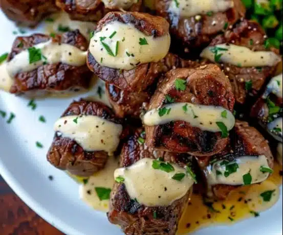 Delicious garlic butter steak bites served with Parmesan cream sauce