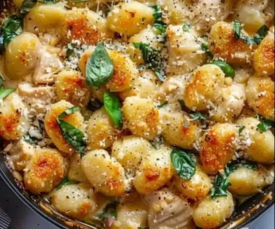 Delicious Garlic Chicken Gnocchi Skillet with fresh ingredients