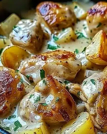 Crockpot Garlic Parmesan Chicken and Potatoes garnished with herbs
