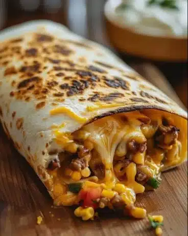 Delicious grilled cheese burrito wrapped in a tortilla with melted cheese and toppings.