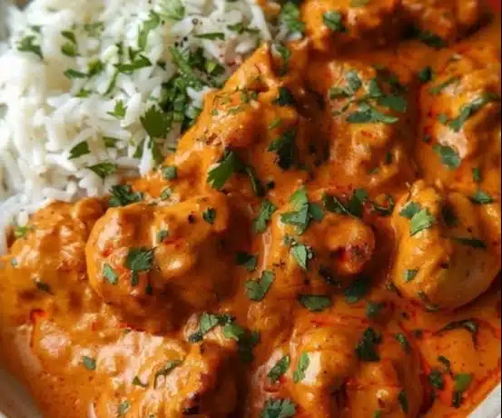 Delicious homemade butter chicken served with rice and naan bread
