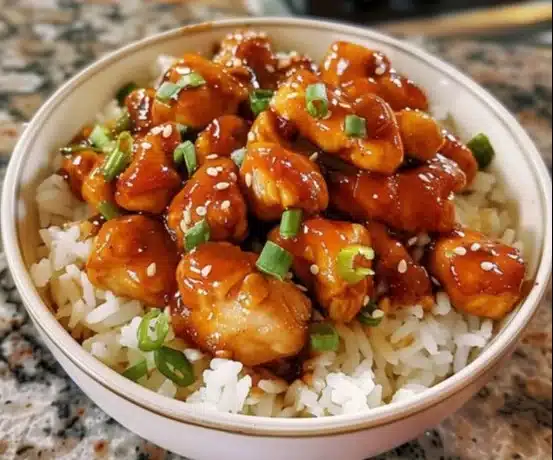 Honey BBQ Chicken Rice dish garnished with fresh vegetables.