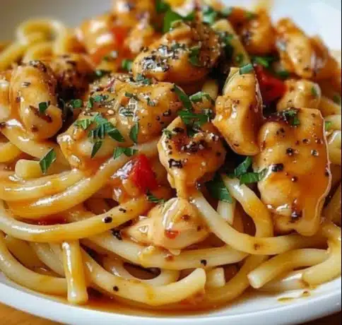 Delicious Honey Pepper Chicken Pasta served in a bowl with fresh herbs