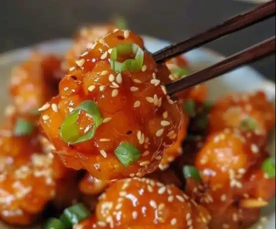 Delicious Honey Sesame Chicken served with steamed rice and vegetables