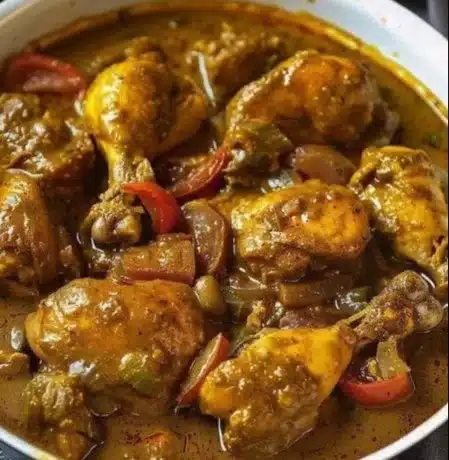 A plate of Jamaican curry chicken served with rice and vegetables.
