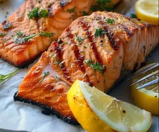 Lemon grilled salmon fillet garnished with fresh herbs and lemon slices