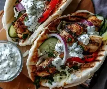 Delicious Mediterranean chicken gyros served with fresh vegetables in pita
