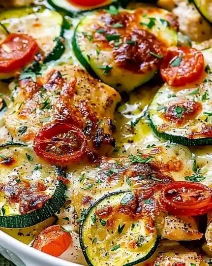 Mediterranean Chicken Zucchini Bake topped with fresh herbs and spices