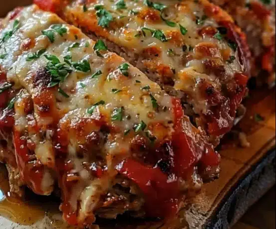 Delicious garlic parmesan chicken meatloaf ready to serve.