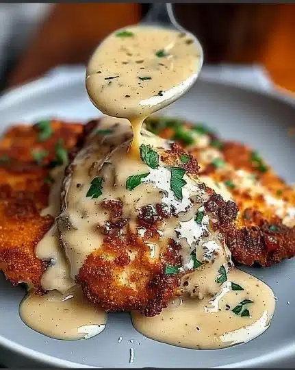 Parmesan Crusted Chicken served with creamy garlic sauce on a plate