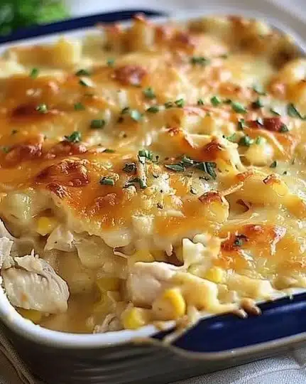 Delicious chicken casserole from Paula Deen, prepared with creamy ingredients and herbs.