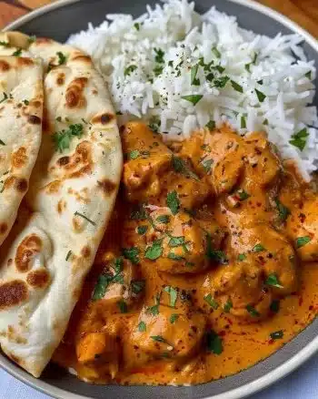 Delicious homemade butter chicken served with rice and naan bread