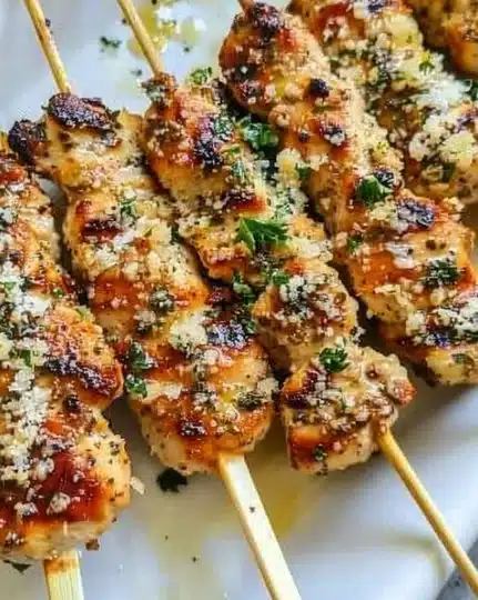 Ranch Garlic Parmesan Chicken Skewers ready for grilling and serving.