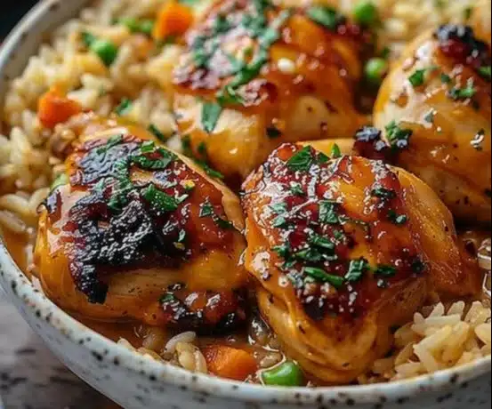 Savory smothered chicken served with fluffy rice on a plate