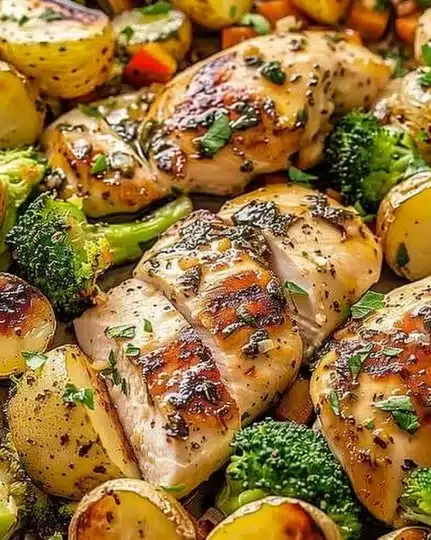 Sheet pan garlic butter chicken with colorful vegetables ready to serve.