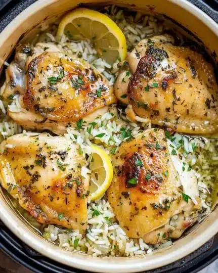 Slow Cooker Lemon Herb Chicken served with fluffy rice on a plate