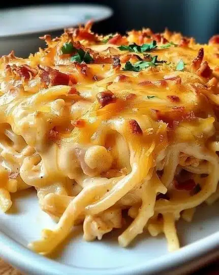 Spicy Southern Cheesy Chicken Spaghetti Casserole topped with cheese and spices