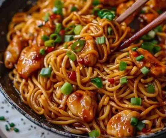 Delicious sticky garlic chicken noodles served in a bowl
