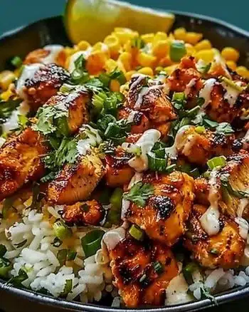 Delicious Street Corn Chicken Rice Bowl with grilled chicken, corn, and rice