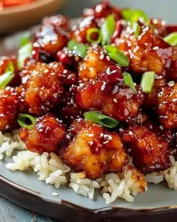 Plate of delicious Sweet Chili Chicken garnished with fresh herbs