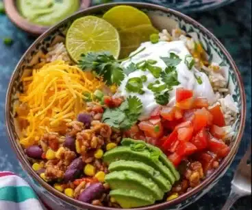 Delicious Taco Rice Bowl with seasoned beef, cheese, and fresh toppings