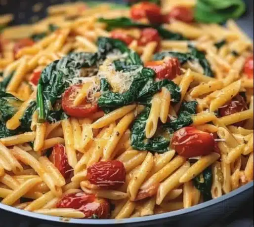 Delicious spinach tomato pasta served in a bowl with fresh herbs.