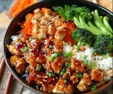 Delicious teriyaki chicken rice bowl with vibrant vegetables and savory sauce
