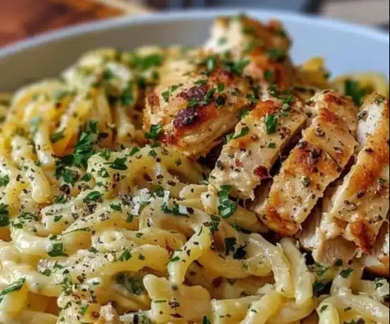 Delicious creamy garlic parmesan chicken pasta served in a bowl