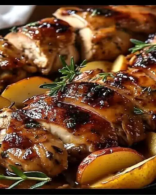 Delicious Apple Cider Chicken garnished with herbs and served on a plate