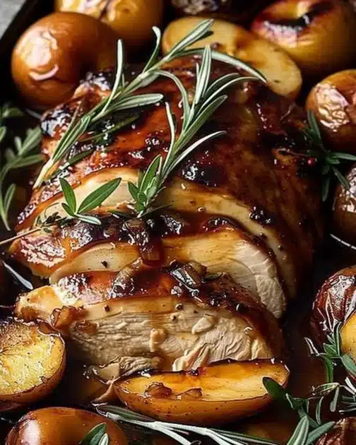 Delicious Apple Cider Chicken served with vegetables and herbs