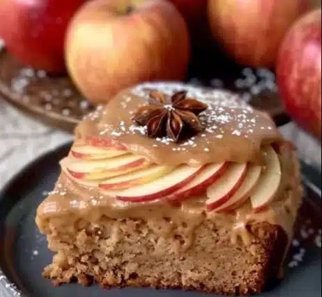 Delicious homemade Apple Spice Cake with apples and spice garnished with icing.