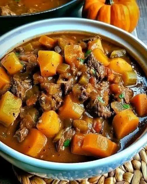 A bowl of Autumn Harvest Beef Stew with vegetables and herbs.