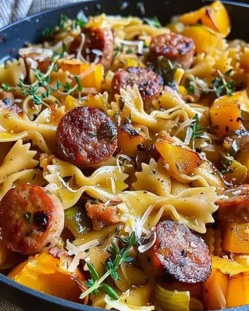 Delicious autumn sausage pasta served with fresh herbs and seasonal vegetables.