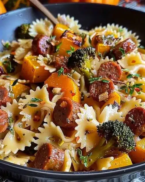 Bowl of Autumn Sausage Pasta with squash, herbs, and sausage pieces.