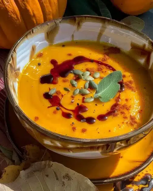 Bowl of Autumn-Spiced Roasted Pumpkin Soup with herbs and spices
