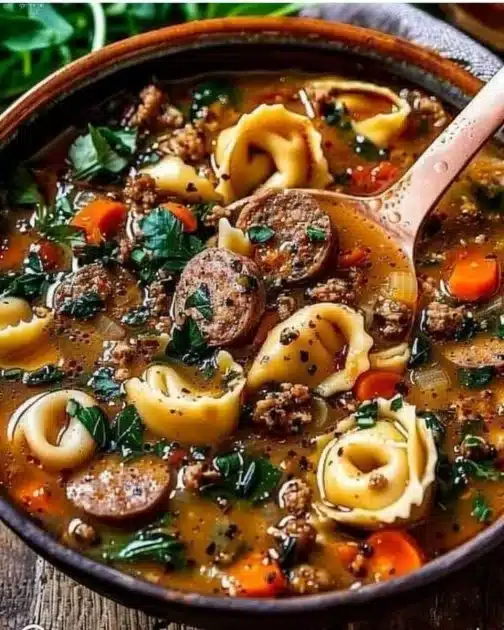 Bowl of autumn tortellini soup with seasonal vegetables and herbs