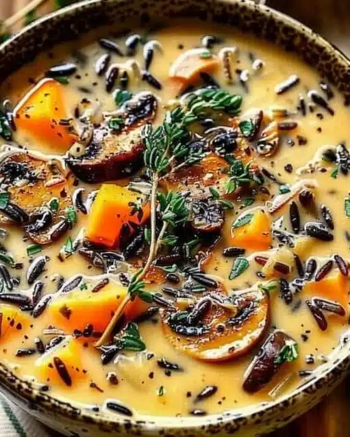 Bowl of Autumn Wild Rice Soup with seasonal vegetables and herbs