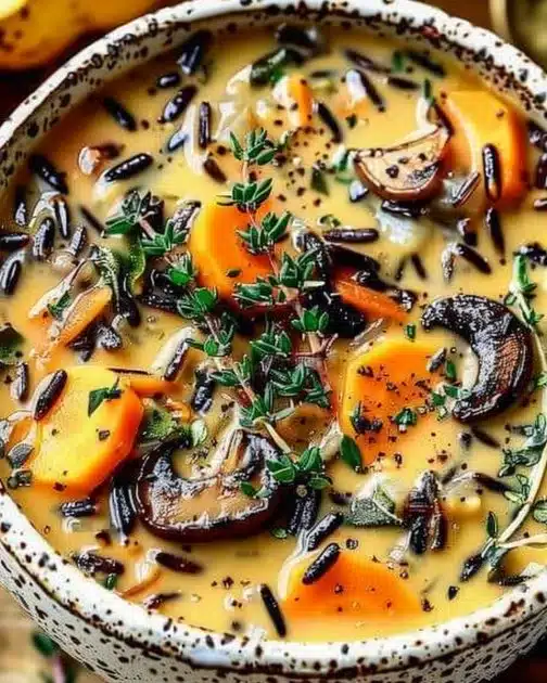 Delicious autumn wild rice soup in a bowl with fresh herbs and vegetables.