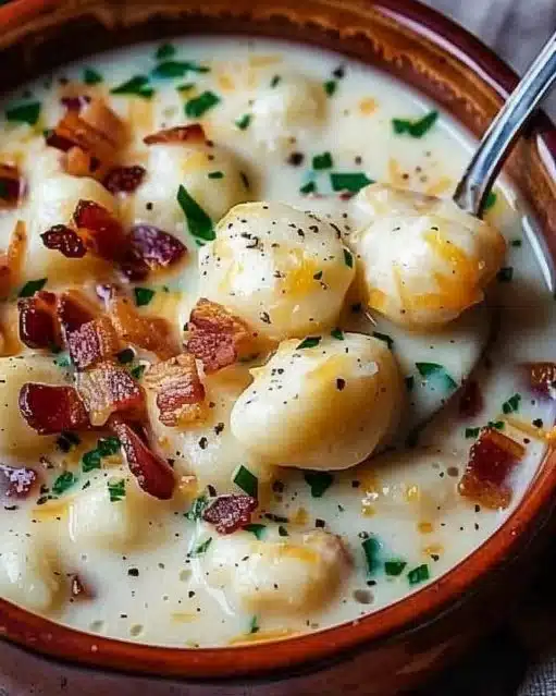 Bowl of creamy Bacon Cheddar Gnocchi Soup topped with crispy bacon and cheese
