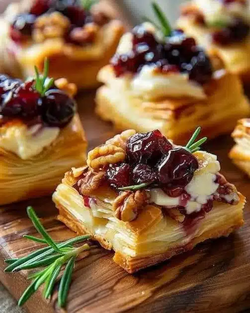 Baked cranberry brie bites topped with fresh cranberries and herbs