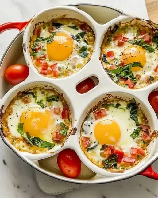 Baked feta eggs served in a dish with herbs and spices