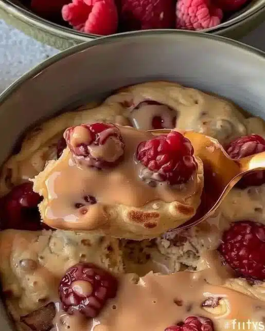 Baked protein pancake bowls topped with fresh fruits and nuts.